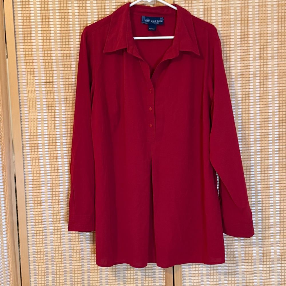 Susan Graver Style Red Button Front Tunic Blouse Top Womens 1X Office Travel